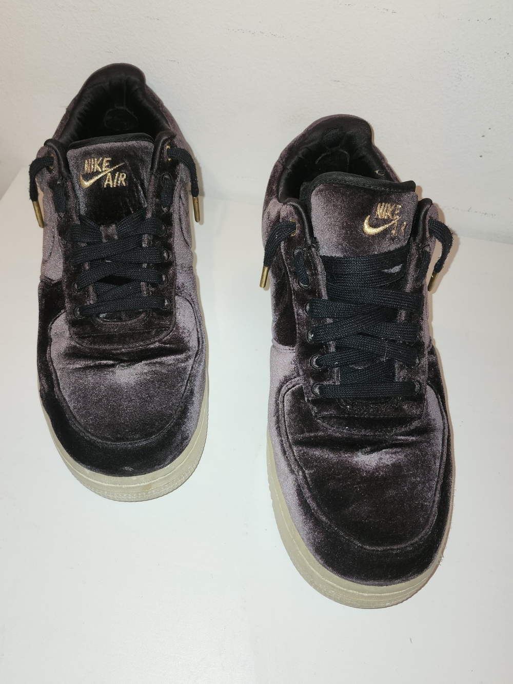 Nike Velvet Low-Top Sneakers in Deep Brown with Gold Accents
